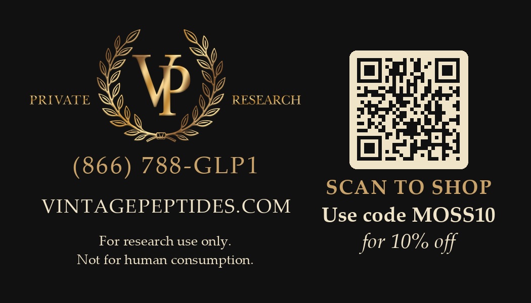 Vintage Peptides contact details, QR code, and affiliate code MOSS10